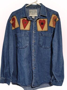 SUPER CUTE DIY PATCHWORK CHORECOAT COTTON DENIM SHIRT TOP EUC L